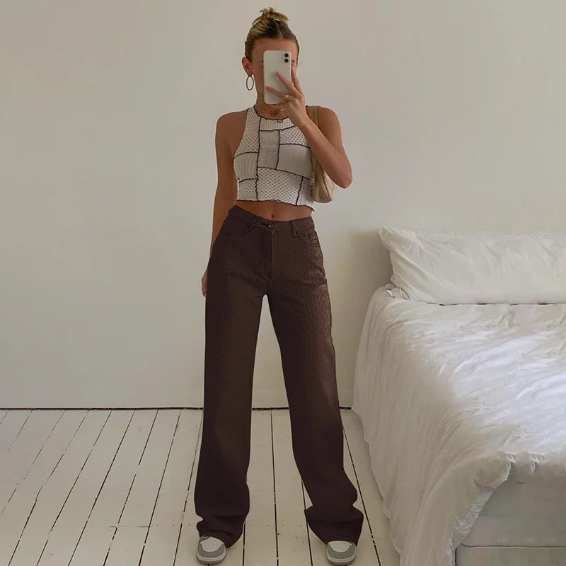 

Newest Arrival Women Long Wide Leg Pants Ladies Girls Chic Small Holes Design Ripped High Waist Straight Palazzo Pants Trousers