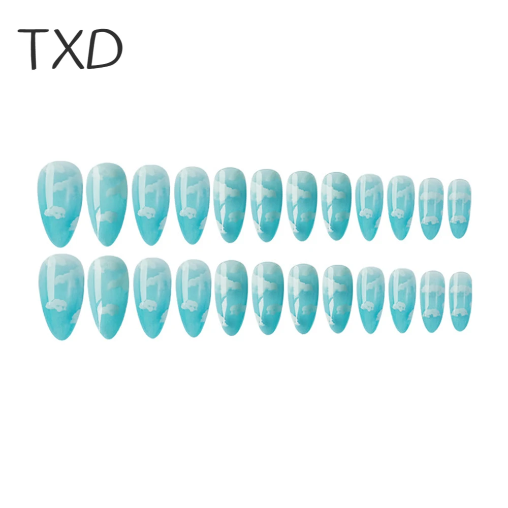 

TXD 24Pcs/set of Blue Sky and White Cloud Pattern Pointed False Nails Full Coverage Diy Nail Tools French False Nails
