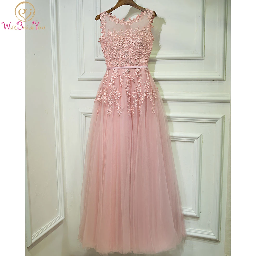 Pink Prom Dresses 2020 Long Lace Applique vestidos formales Pearl Tulle A Line Sheer Neck Sleeveless Evening Gown Party Formal | Свадьбы и
