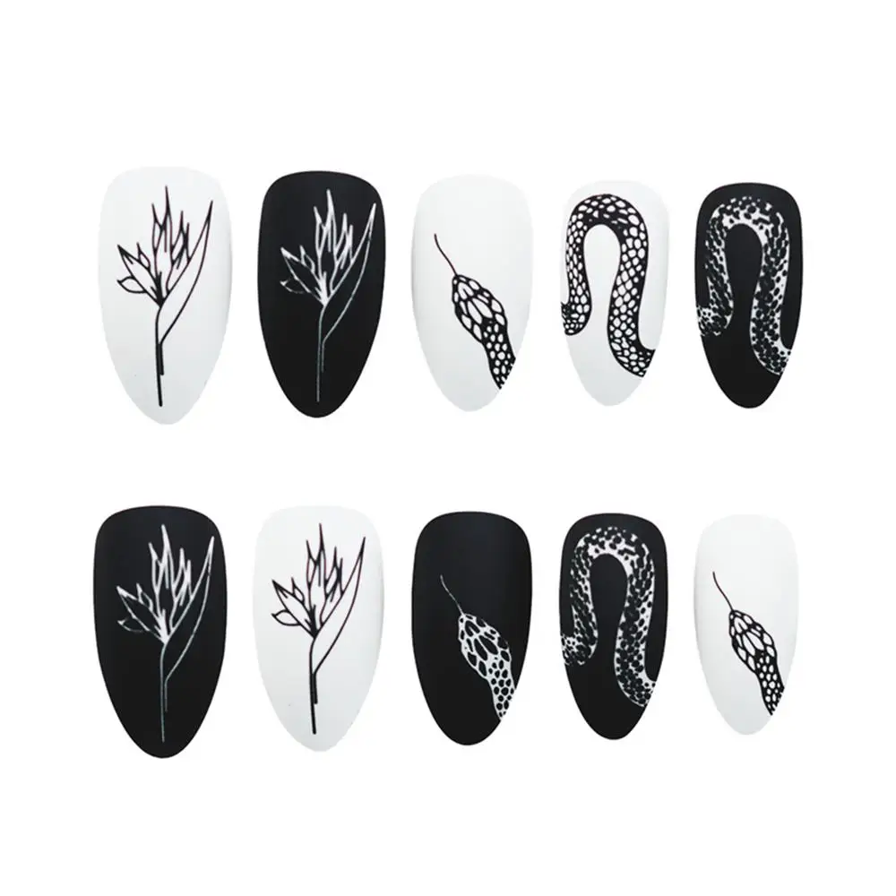 

24pcs Snake Pattern Fake Nails Punk Black White Matte Long Stiletto False Artificial Full Cover Nail Art Tips Manicure Tools