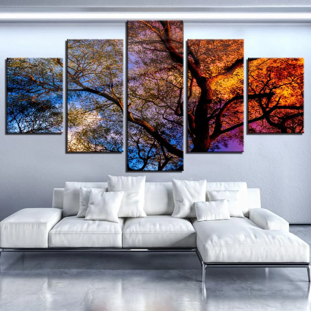 

5 Pieces Trees Canvas Painting Two Colors Sky Blue AND Orange Wallpapers Landscape Posters Seasons Pictures For Home Room Decor