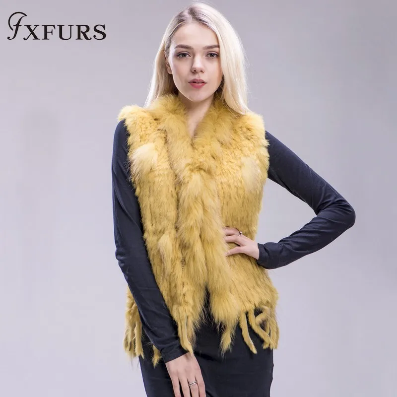 FXFURS из натурального кроличьего меха; вязаная жилетка; куртка из искусственного меха, красочные кролика, енота меховая вязаная жилетка 16 Цвета - Цвет: yellow