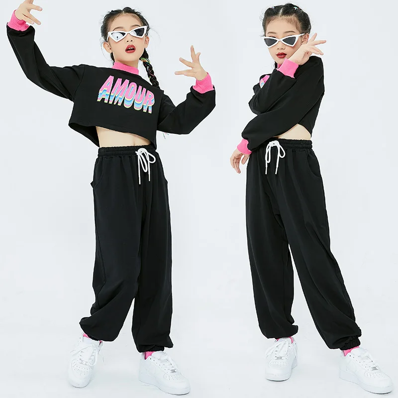 

Детская тренировочная одежда в стиле хип-хоп, Черная Толстовка с длинным рукавом, брюки для девочек, одежда для джазовых танцев, современный...
