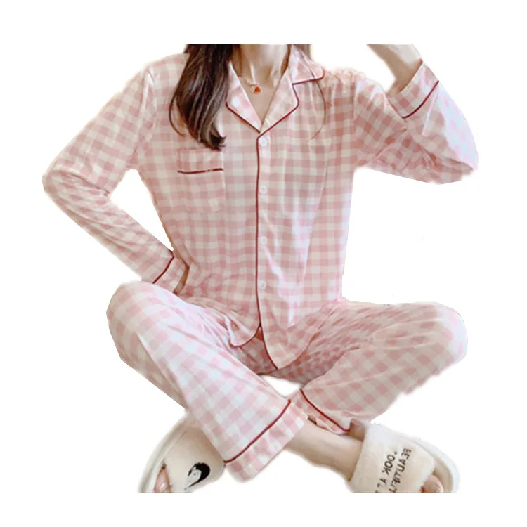 Pajamas Women's Long Sleeve Classic Lattice Spring and Autumn Korean Printing Casual Thin Cardigan Two Piece Suit Sleep Tops