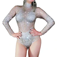 silver rhinestones shining long sleeve striped bodysuits turtleneck ladies dance costume womens party clothing diamonds costume