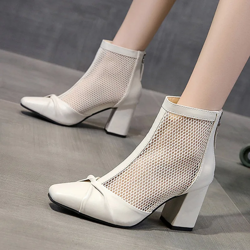 

New Designer Woman Ankle Boots Butterfly Knot Mesh Ladies Short Boot Zipper Breathable Thick Heels Women Shoes 2021 Fashion Hot