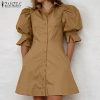 zanzea fashion summer mini dress womens elegant solid robe female chic lapel vestido casual ol lapel shirt dresses oversize