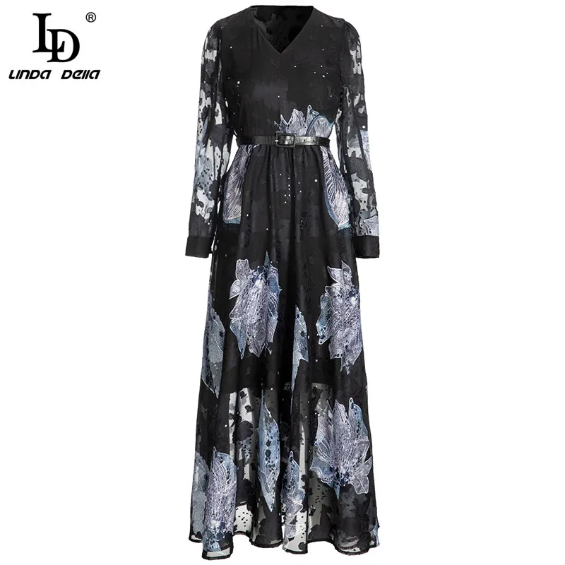 

LD LINDA DELLA Fashion Runway Autumn Long Black Dress Women's V-Neck Long sleeve Sashes Flower Printed Vintage Party Dress