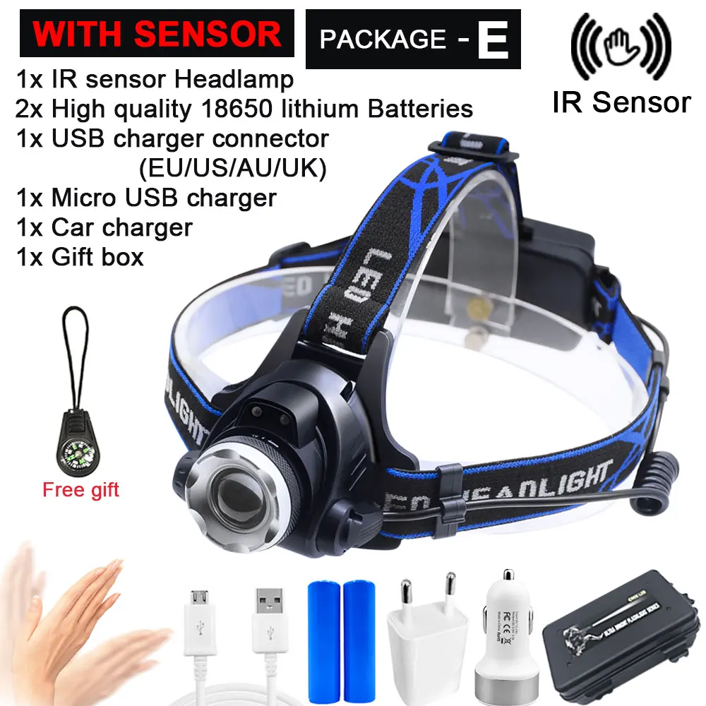 Package E ИК-датчик, головной светильник, USB Перезаряжаемый, V6/L2/T6, индукционный светодиодный налобный фонарь, налобный светильник для рыбалки, налобный фонарь, фонарь, аккумулятор 18650 - Испускаемый цвет: Package E