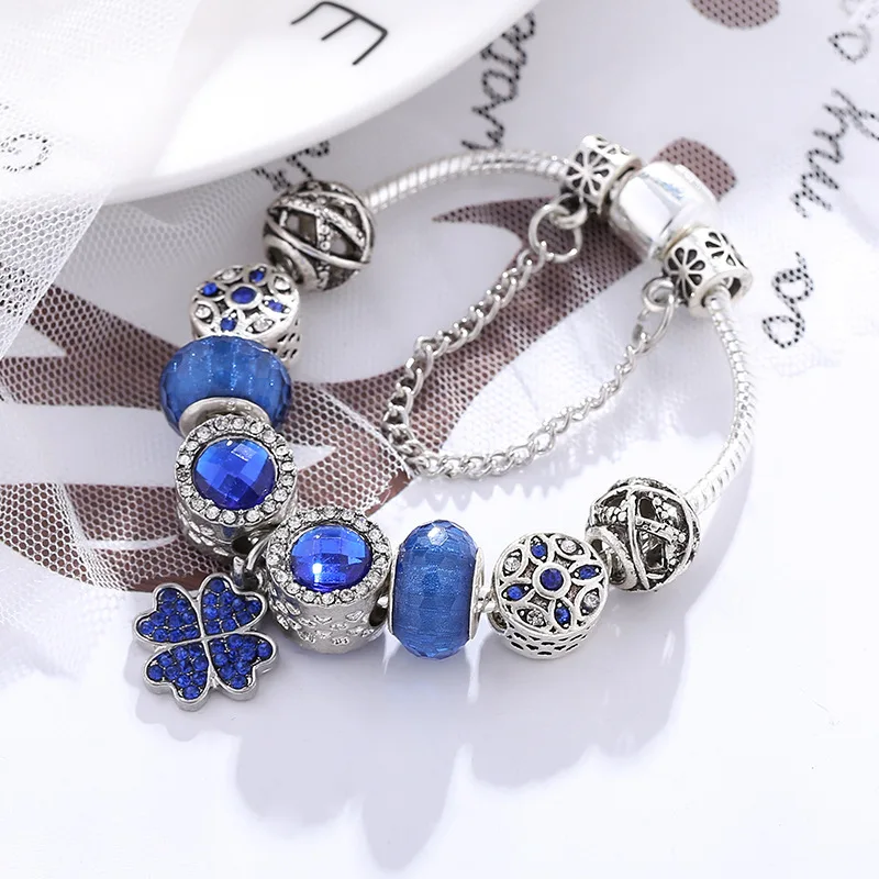 

Браслет Pandora с голубым кристаллом и клевером на удачу, изящное украшение для самостоятельной сборки в европейском и американском стиле, 14 фе...