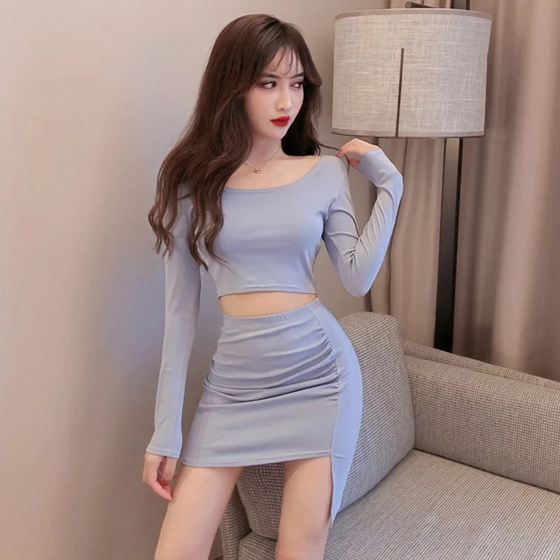 Осенний сексуальный костюм с О образным вырезом и длинными рукавами +