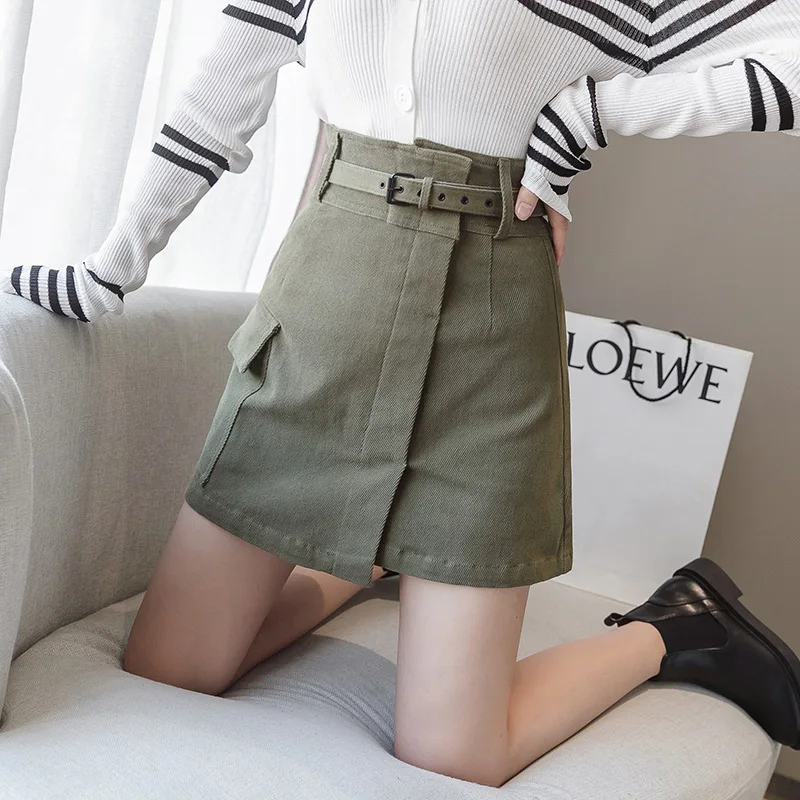 Army Green Trytree Autumn Women Casual Empire Short Skirt 5 Colour A-line Fashion Elegant Pockets Button Belt Mini Office Lady Short Skirt - Color: Army Green