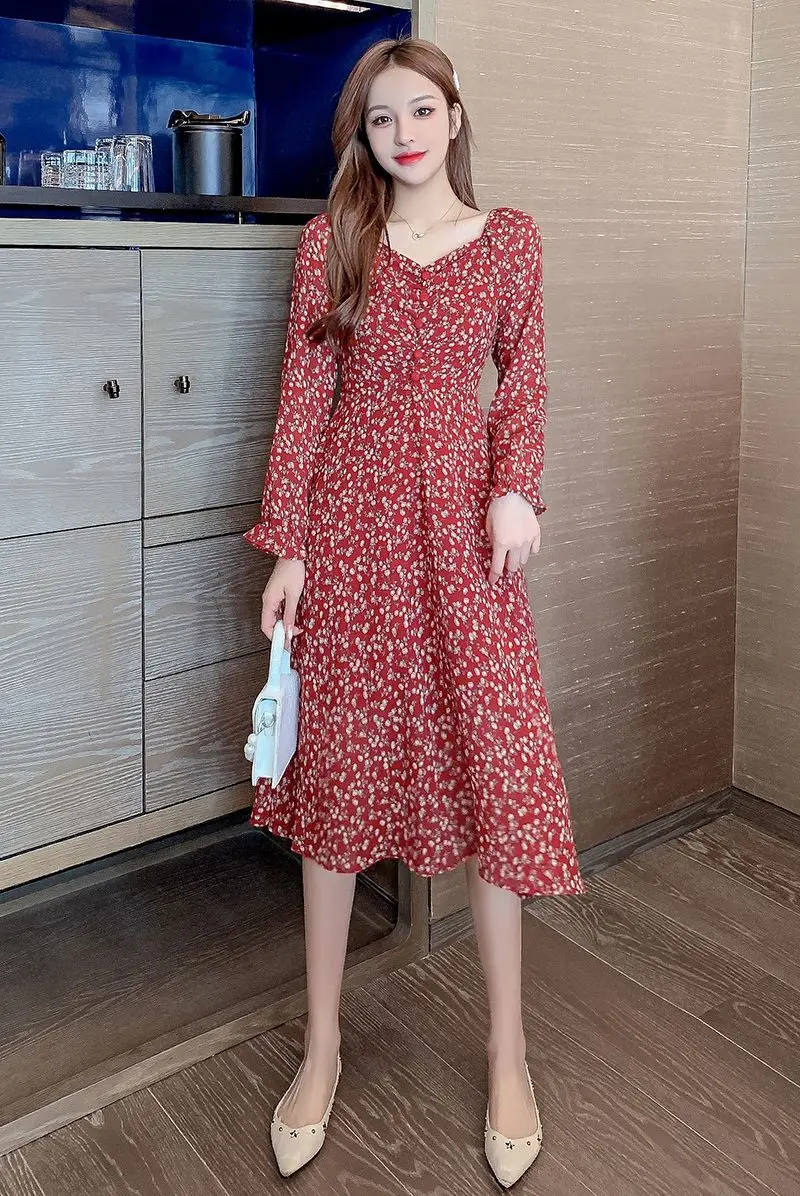 

COIGARSAM Fashion Full Sleeve Women dress New Vintage Chiffon Floral Print V-Neck Dresses Red Apricot 9323