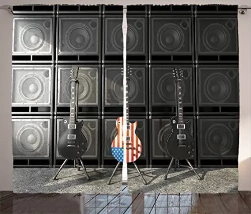 

American Flag Curtains Black and Us Bass Guitar Electronic Rock Music Digital Graphic Work Living Room Bedroom Window Drapes