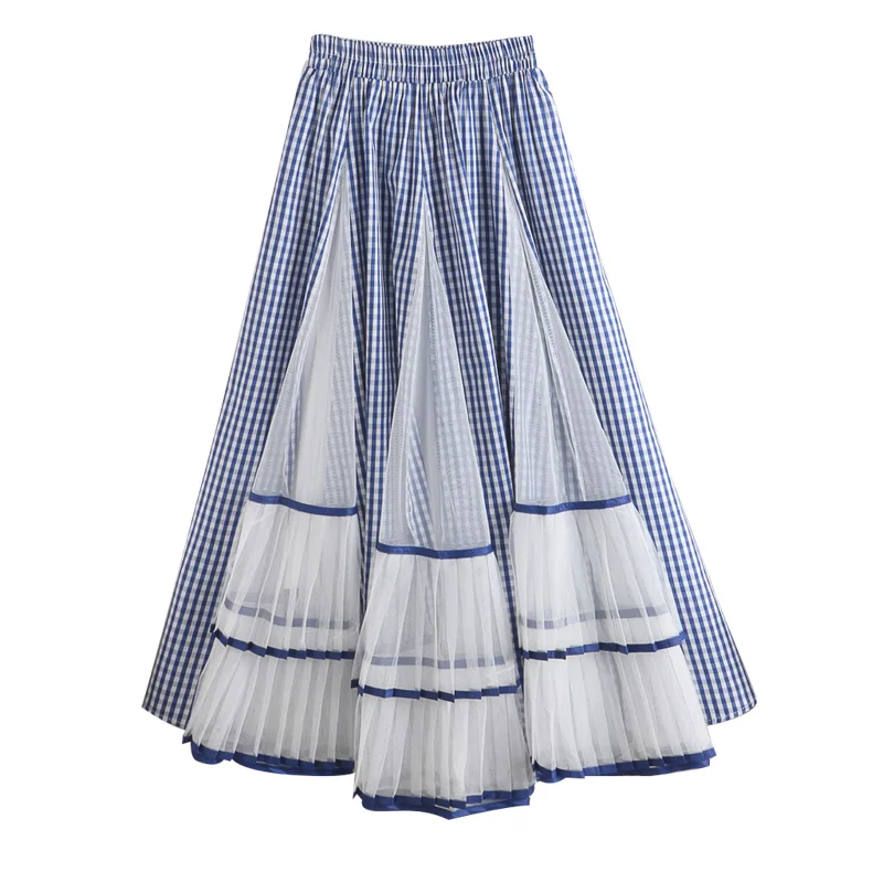 

Summer in the new show thin tall waist long fashion splicing irregular grid gauze W333 skirts female skirt