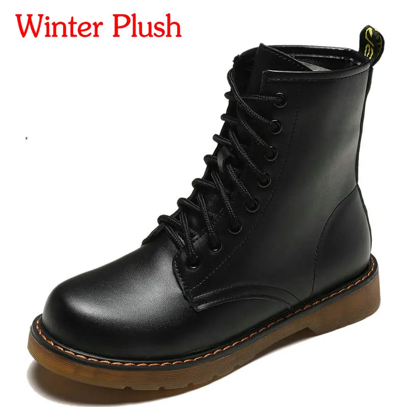 Black Winter Plsuh A HTUUA/повседневные ботинки на шнуровке из искусственной кожи ботильоны для женщин; Цвет Черный; сезон осень-зима; ботинки на толстой платформе с круглым носком женская обувь; SX3275 - Цвет: Black Winter Plsuh A