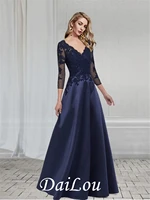 a line elegant wedding guest formal evening dress v neck 34 length sleeve floor length satin with appliques 2021