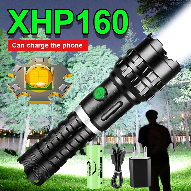 

Супер мощный яркий фонарик XHP160, светодиодный фонарик высокой мощности, перезаряжаемый от Usb фонарик XHP90.2, уличные водонепроницаемые лампы д...