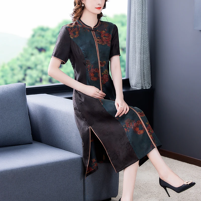 

COIGARSAM Women Dress Summer 2021 New Casual Cheongsam Short Sleeve Stand Neck Black Dresses Traf Vestidos Robe
