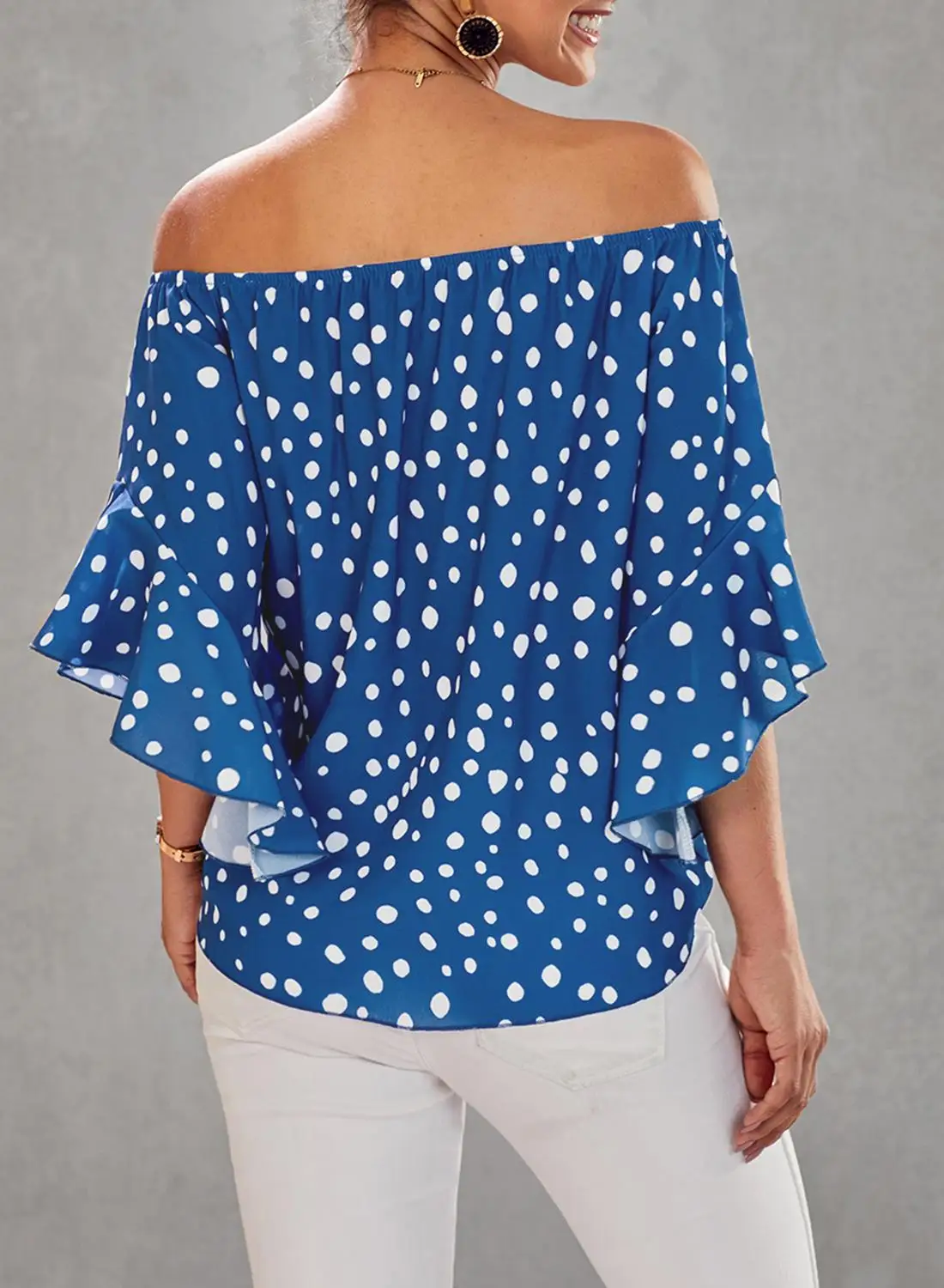 

Unique Nature Womens Slash Neck Flare Sleeve Tie Knot Tops polka dot Off The Shoulder Tee shirts Loose Summer Shirt