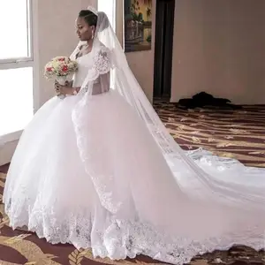 V Neck Lace Appliques Ball Gown Gorgeous Cap Sleeve Long Train Tulle Wedding Dress Puffy Ball Gowns