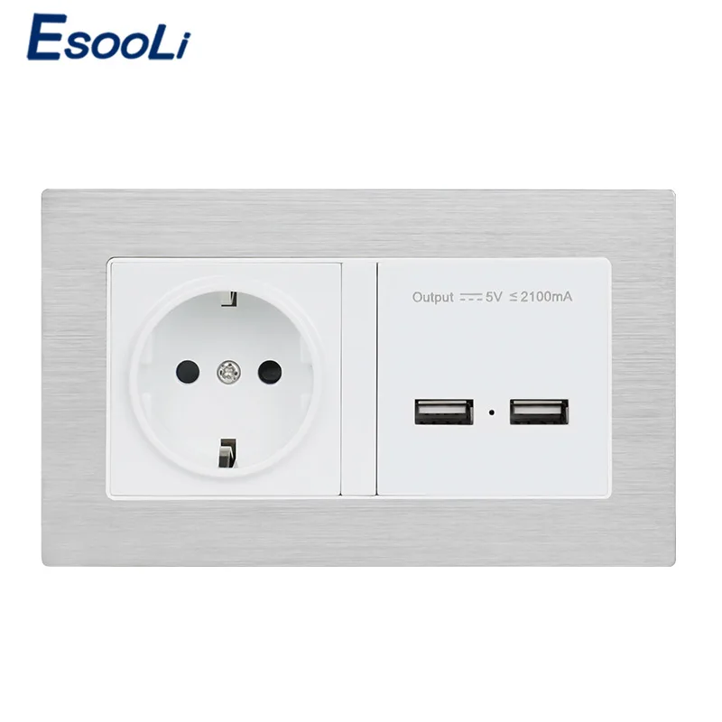 Настенное зарядное устройство Esooli с двумя USB-портами и панелью из нержавеющей