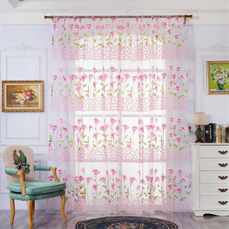 Прозрачная занавеска с цветочным принтом тюль оконная отделка вуаль драпировка