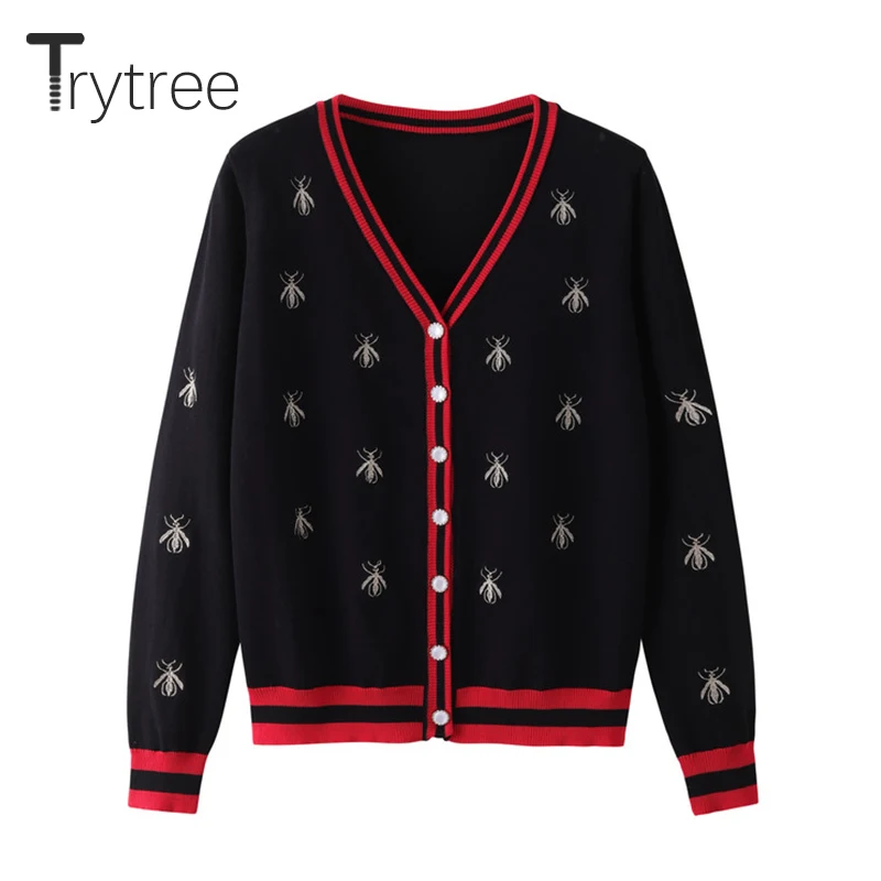 Trytree Autumn Winter Women Casual Sweater Button Bee embroidery V-Neck Cardigans Computer Knitted Single Breasted Tops |