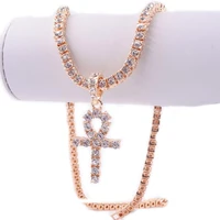 rose gold cross pendant necklace egypt ankh religion jewelry hip hop 1 row tennis chain mens women crystal fashion rapper cz