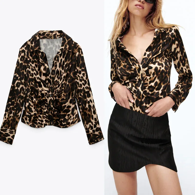 

Женская леопардовая рубашка с рюшами Za, винтажная рубашка с длинным рукавом и асимметричным подолом, шикарная Женская драпированная облега...