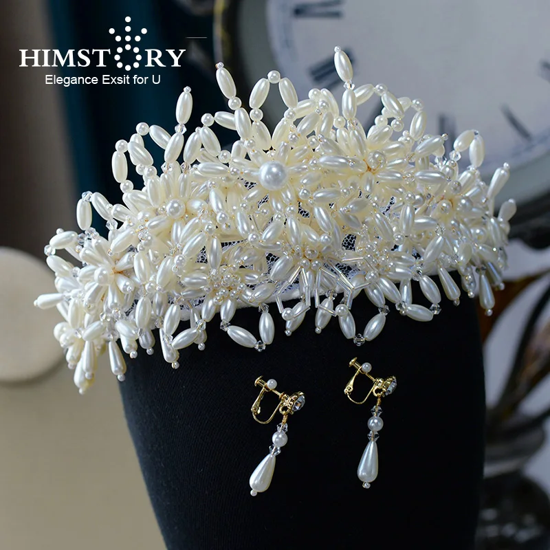 

Himstory Silver Color Bridal Crown Pearl Branch Headband Elegant Women Hairband Tiara Wedding Hair Accessory Headpieces