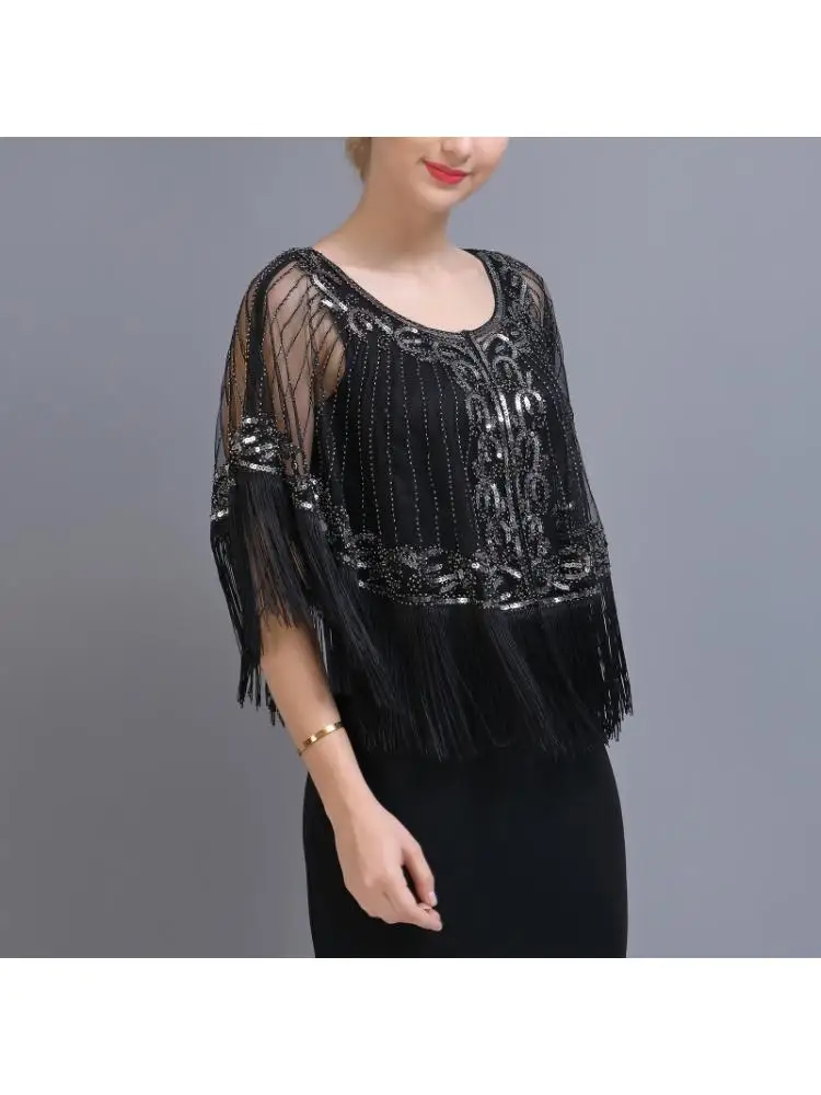 

Women Net Yarn Dense Tassel Hem Shawl Latin Dancing Belly Dance Sequin Cape