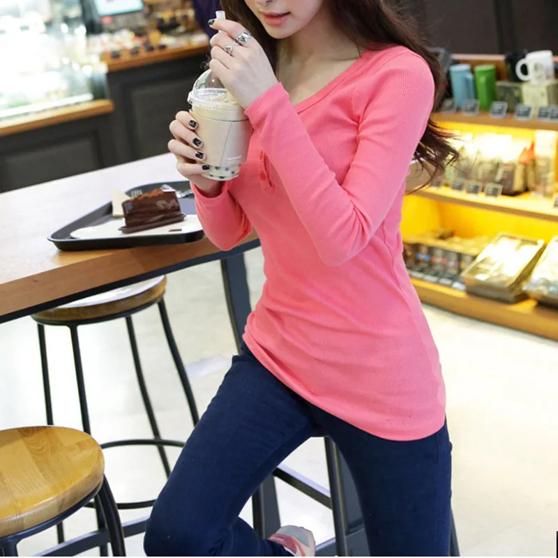 Женская футболка с v образным вырезом и длинным рукавом однотонные повседневные