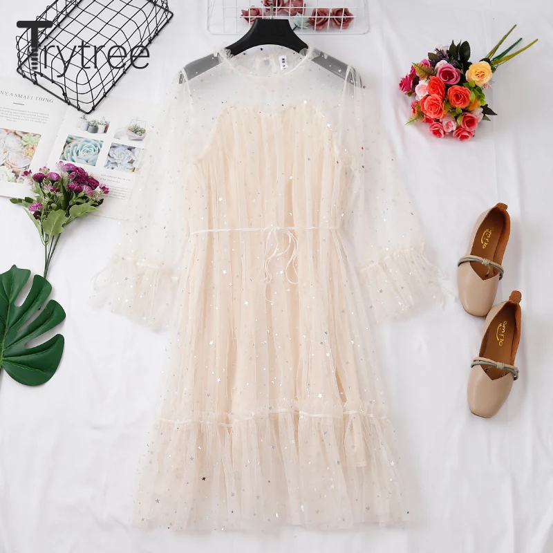 Trytree 2020 весеннее женское Повседневное платье с воротником стойкой расклешенными