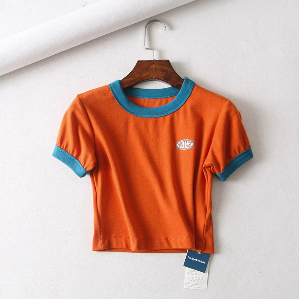 

Missnight Stylish T Shirt Cropped Shirt O Neck Short Sleeve Tee Vintage Tops Women Letter Print Knitted T Shirt Streetwear 2021