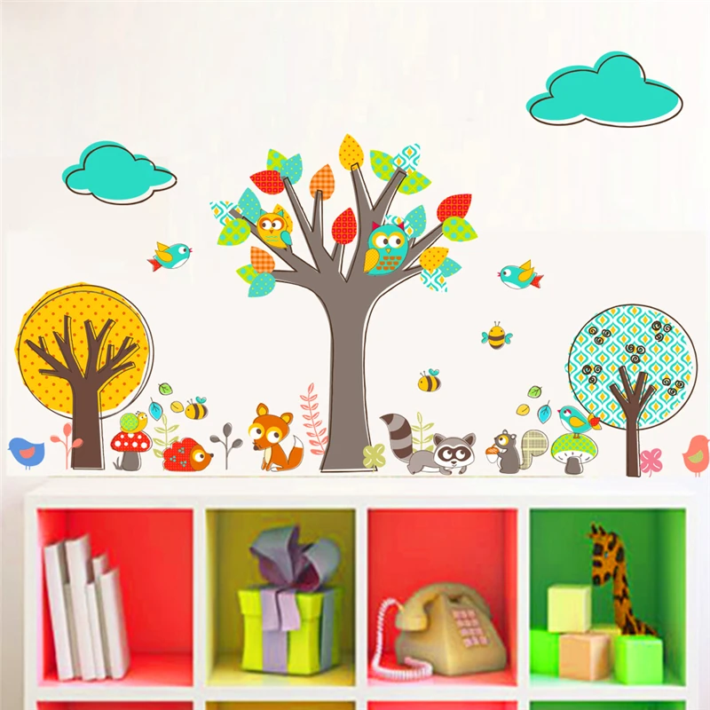 

creative forest owl squirrel fox birds tree wall stickers for kids room decor art diy animals furniture wall decals pvc poster