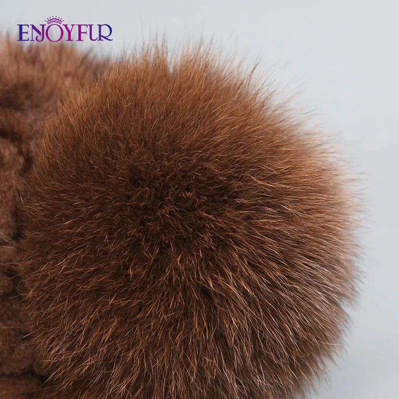 ENJOYFUR горячая Распродажа меховая шапка из натуральной норки для женщин, зимняя вязаная шапка из меха норки с помпонами из меха лисы, новая Толстая Женская шапка