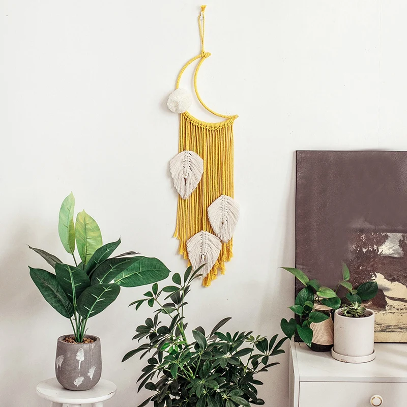 

Boho Moon Tapestry Macrame Wall Hanging Leaves Woven Tapestries Dorm Room Ornament Home Wedding Decor Gift,Yellow