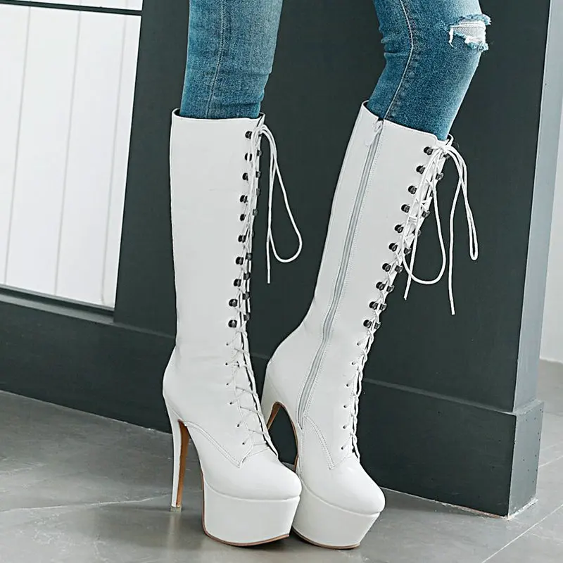 

High Quality Patent Leather Mid-calf Boots Women Platform Autumn Winter Super High Heel Boots Lady Fashion Cross-tied Party Boot