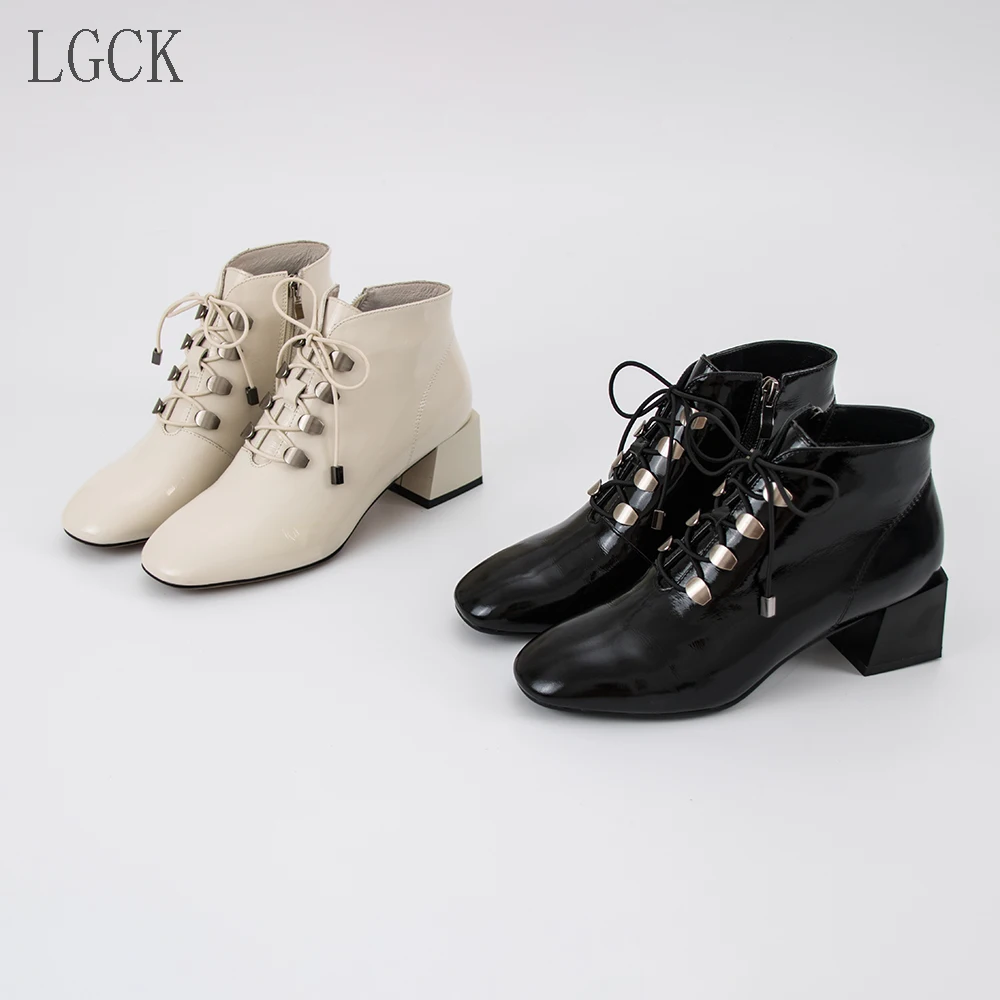 Beli Ukuran 34-43 Kulit Asli Wanita Sepatu Baru Renda Square Rendah Desire Fashion Kantor Martin Kulit Paten Sepatu