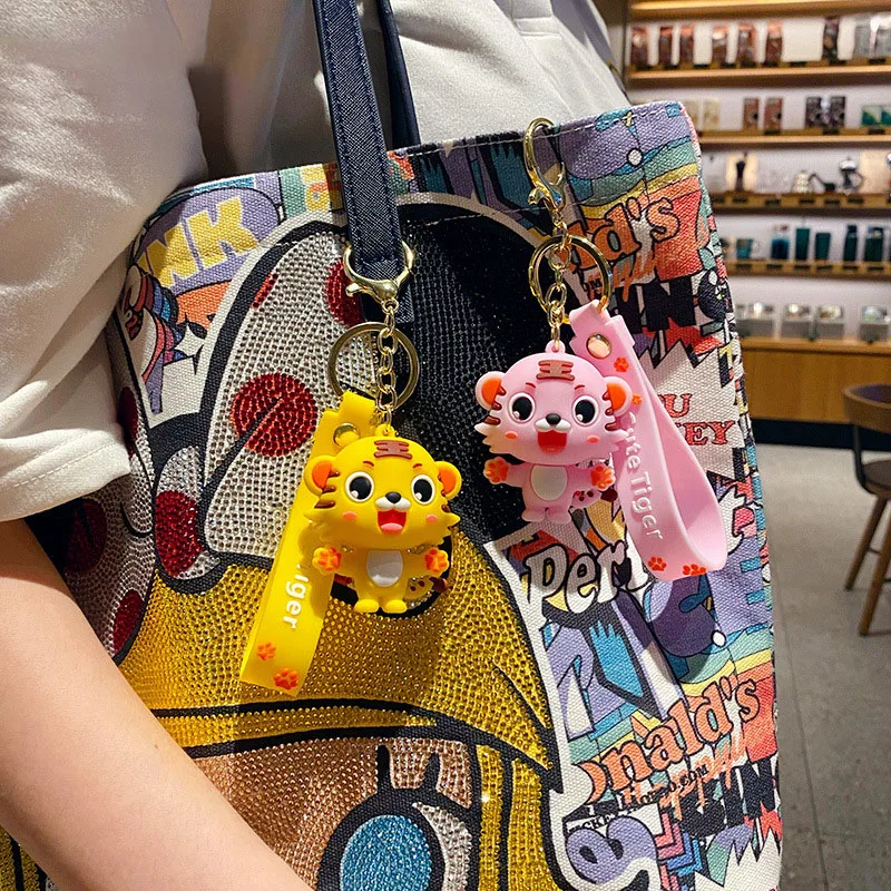 Cartoon silicone Pink yellow Cute small Tiger Key Chain For Women Kawaii big eyes Keychain Fashion Bag Keyring Charm Gift |