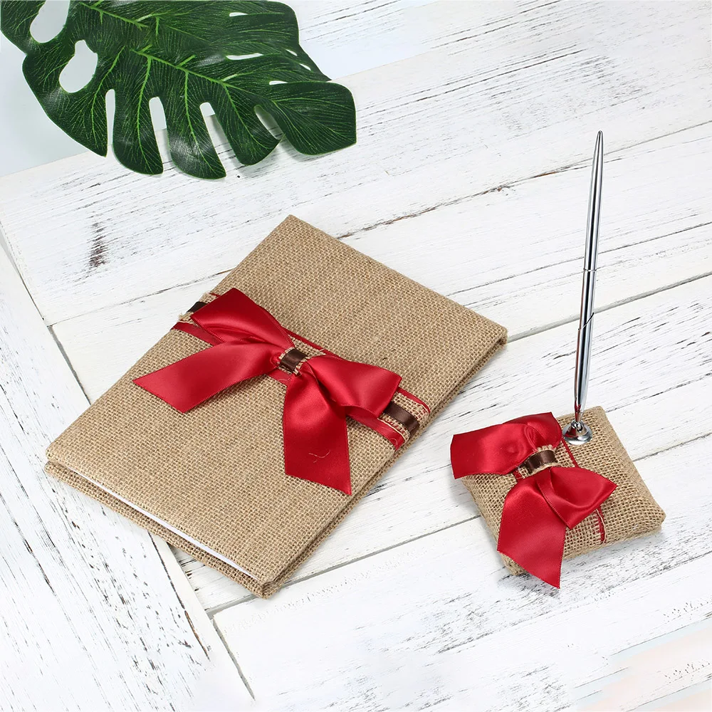 Свадебная Гостевая книга и набор ручек с держателем мешковиное украшение