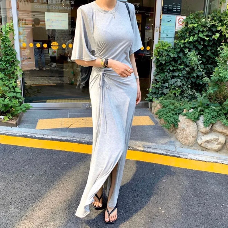 

Женское повседневное длинное платье-футболка, элегантное облегающее мягкое летнее платье из модала с оборками на рукавах, необычным кулиск...