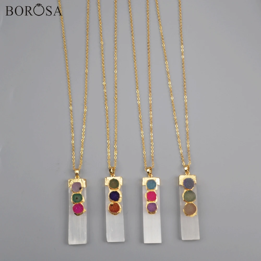 

BOROSA 5Pcs 26" Gold Plating Rectangle Shape Selenite Stone & Round Rainbow Agates Druzy Pendant Necklace Women Jewelry G1854