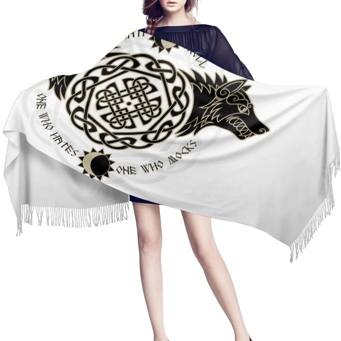 Зимний женский шарф Викинг Волк Тотем теплые кашемировые шарфы с кисточкой шали