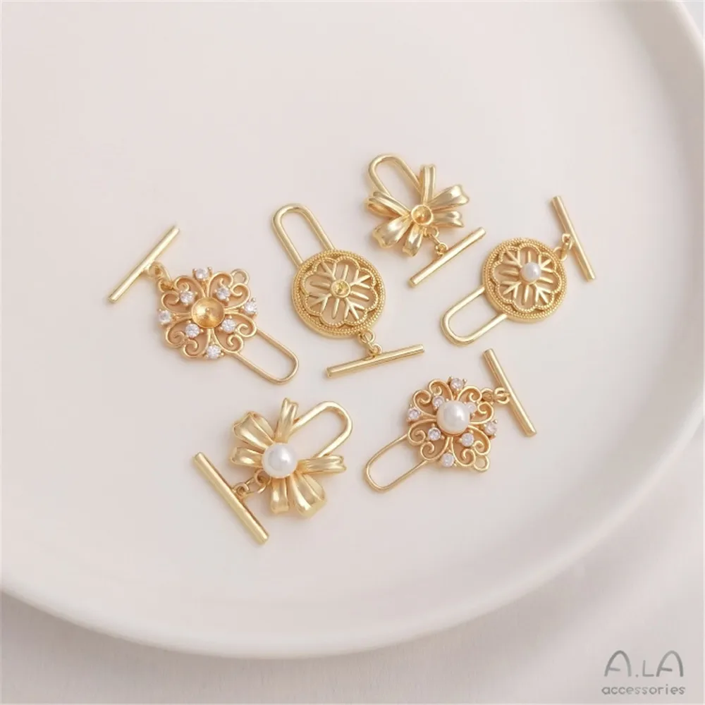 

Color preserving 14K Gold coated clover snowflake bow half hole bead holder ot buckle DIY manual adhesive pearl jewelry buckle