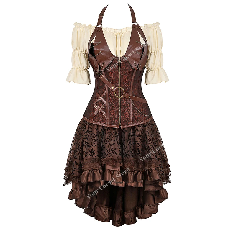 Платье-корсет в стиле стимпанк из трех частей корсет топ блузка платья винтажное