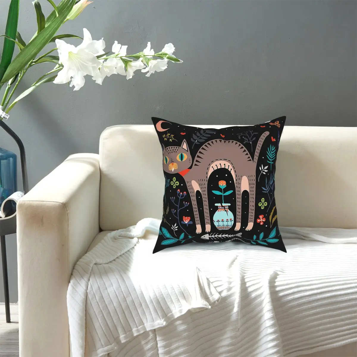 

Floral And Cat At Night Throw Pillo Square Pillow Case Throw Pillow Pillowcase 40x40 Cushion Covers