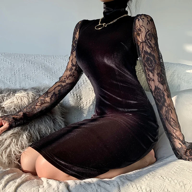 Женское облегающее платье evenхуже черное из замши с длинным рукавом и молнией