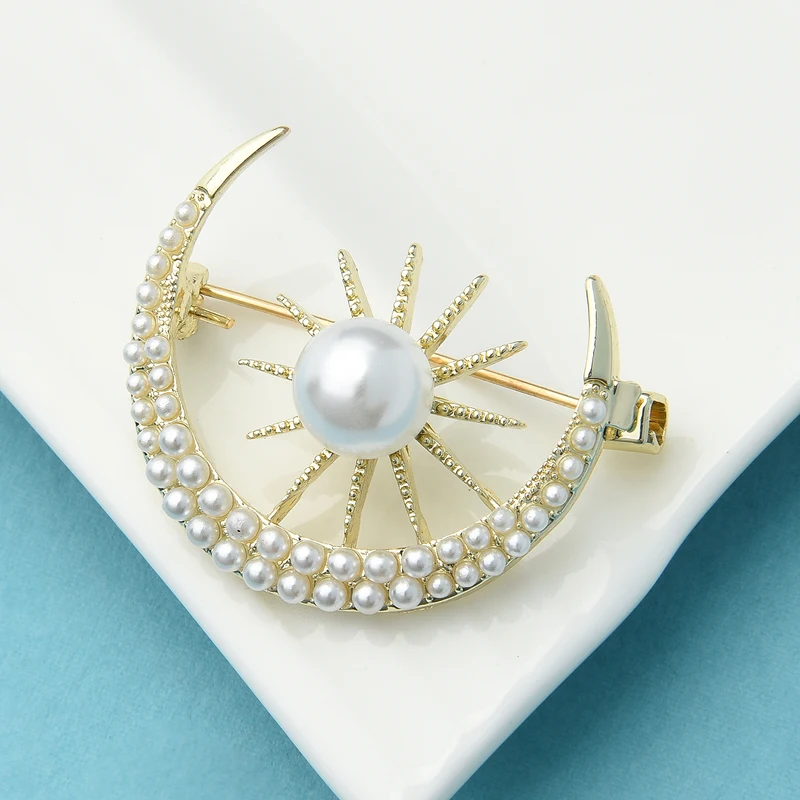

Wuli&baby Star & Moon Stylish Brooch Pins Simulated-pearl Designer Luxury Brooches For Women'S Day Gift